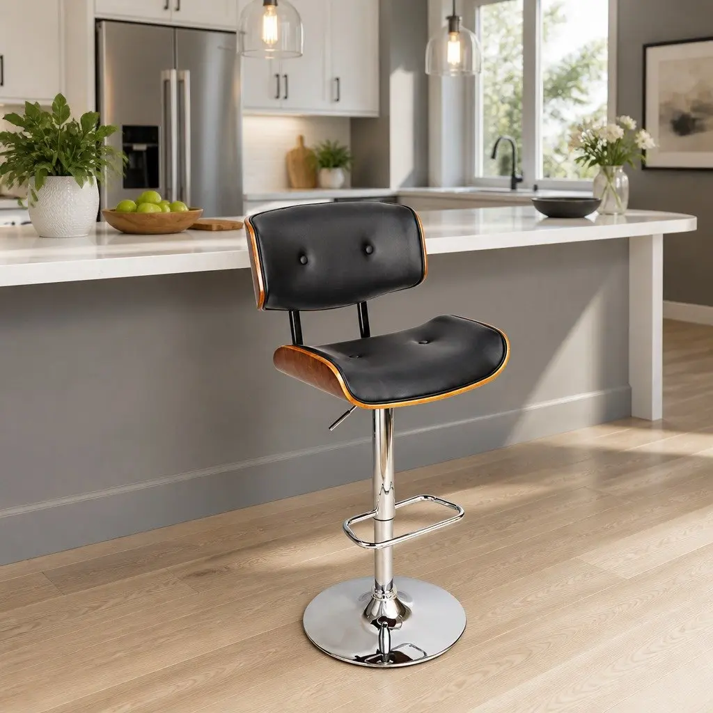Bar Stools Wooden PU Leather Padded Seat Chrome Base Height Adjustable Black