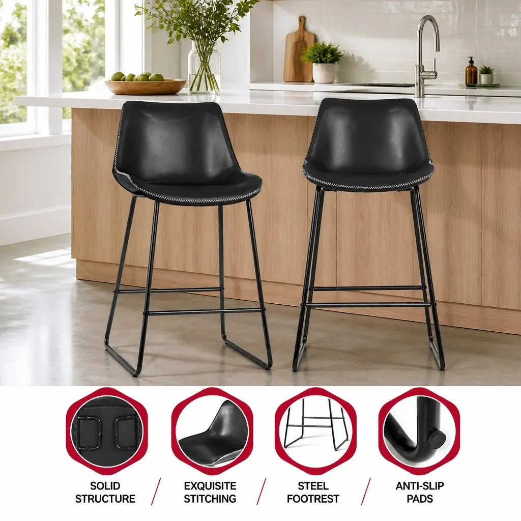 Bar Stools PU Leather 70cm Black Metal Frame Set of 2