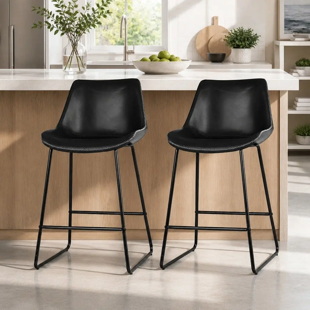 Bar Stools PU Leather 70cm Black Metal Frame Set of 2