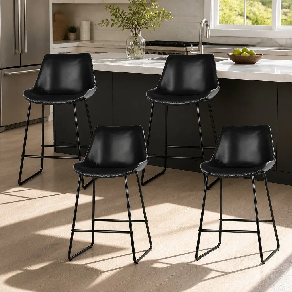 Bar Stools PU Leather Black Metal Frame Counter Height Set of 4