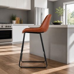 Brown PU Leather Bar Stools Set of 2 with Metal Frame