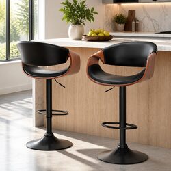 Premium Black Leather Gas Lift Bar Stools with Armrests - Set of 2