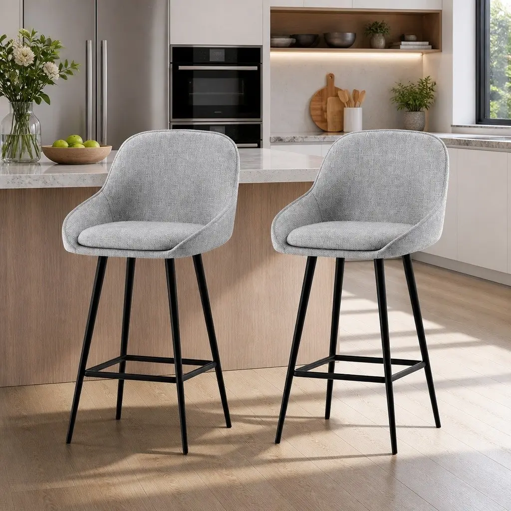 Bar Stools Set of 2 Upholstered Counter Seat Kitchen Dining Chairs Grey Padded