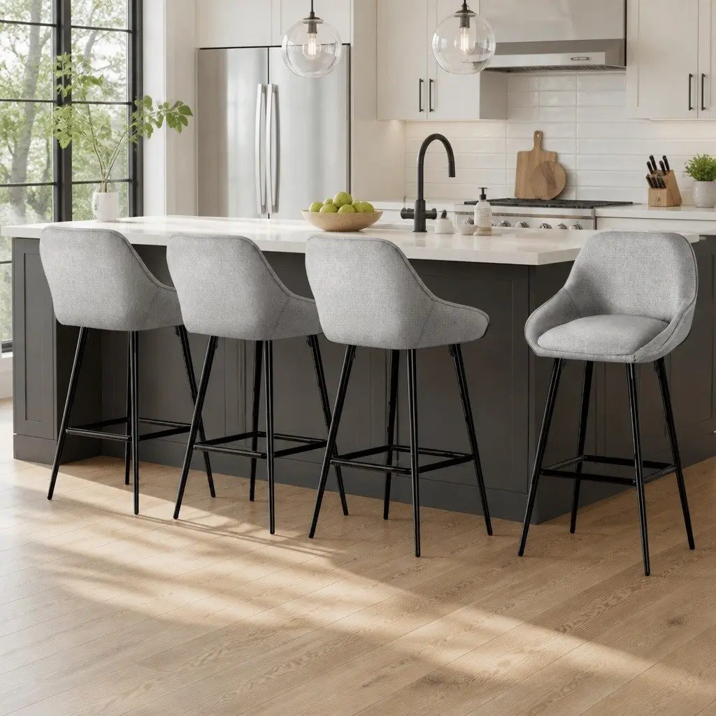 Bar Stools Upholstered Linen Fabric Grey Padded Seat Metal Legs 4 Piece