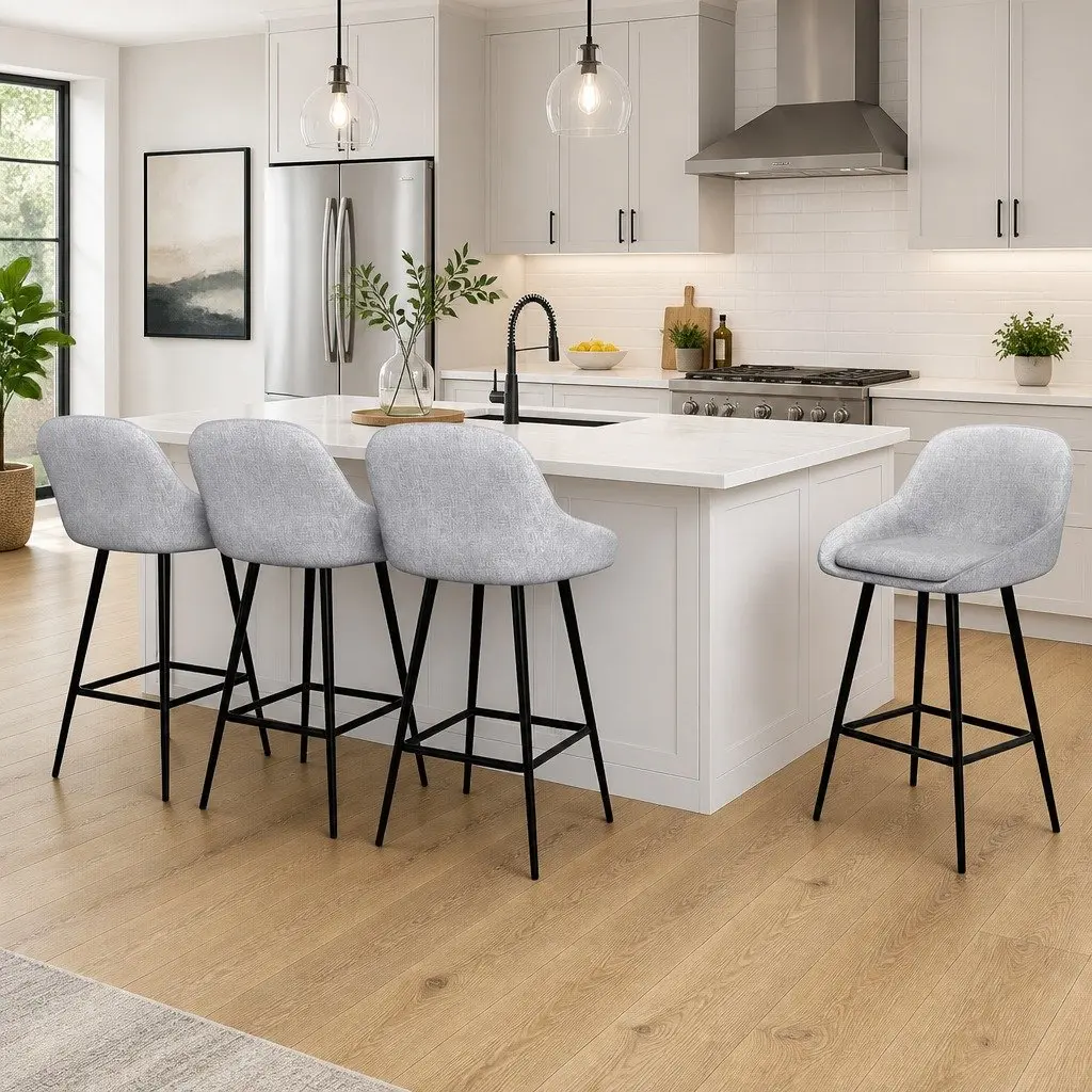 Bar Stools Upholstered Linen Fabric Grey Padded Seat Metal Legs 4 Piece