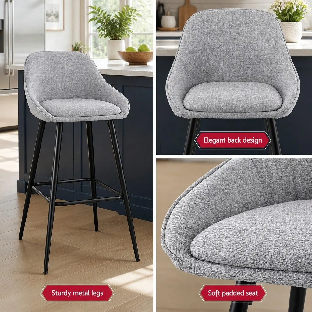 Bar Stools Upholstered Linen Fabric Grey Padded Seat Metal Legs 4 Piece