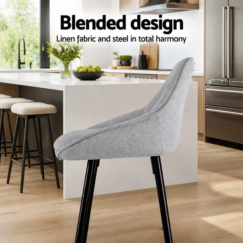 Bar Stools Upholstered Linen Fabric Grey Padded Seat Metal Legs 4 Piece