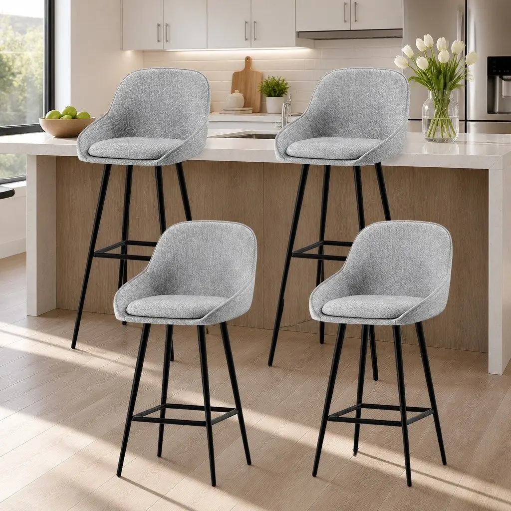 Bar Stools Upholstered Linen Fabric Grey Padded Seat Metal Legs 4 Piece