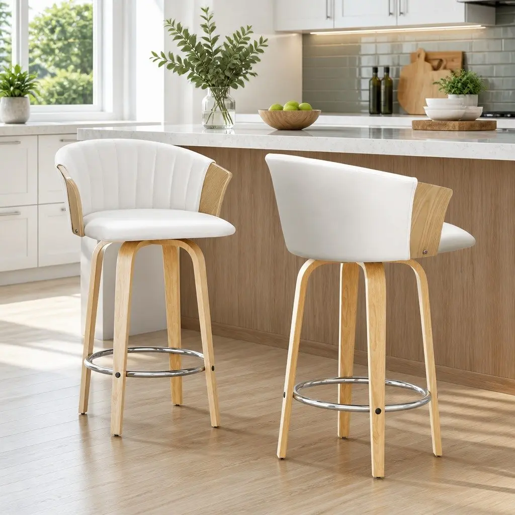 White Leather Swivel Bar Stools for Kitchen