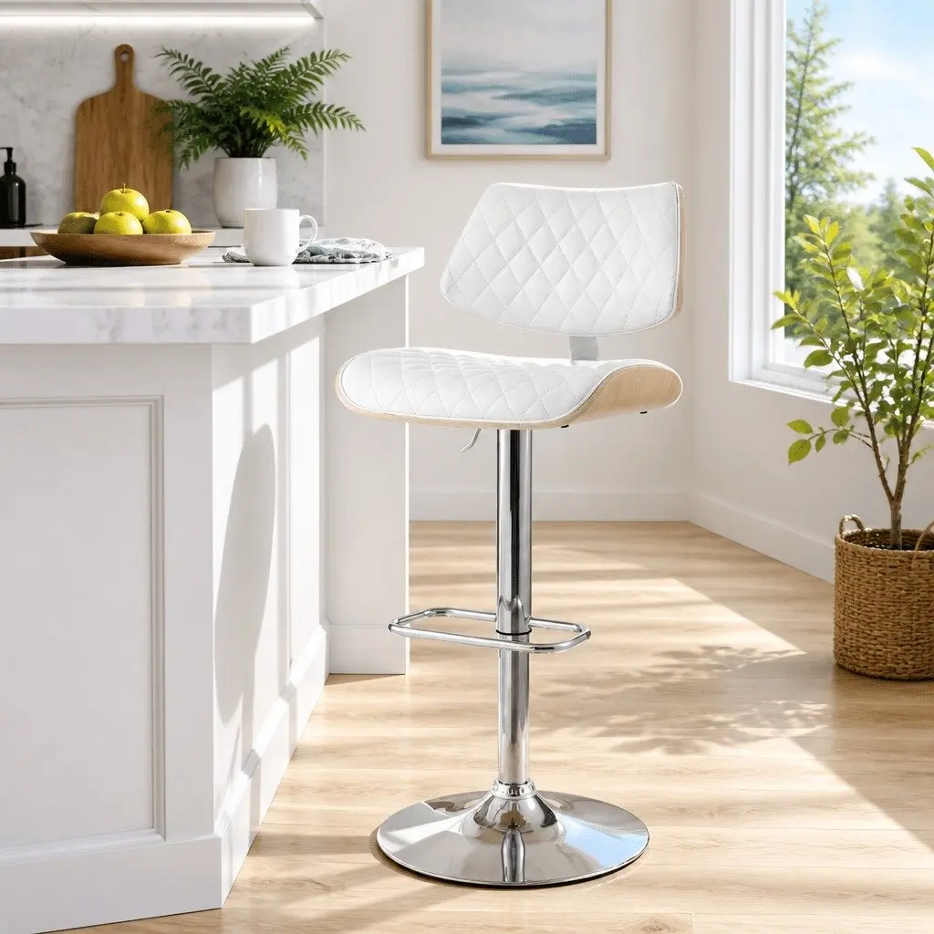 Bar Stools PU Leather Padded Seat Adjustable Height White 2 Piece