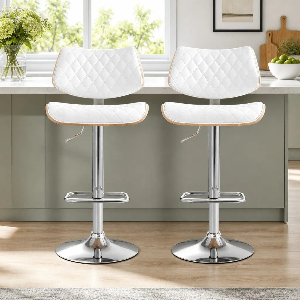 Bar Stools PU Leather Padded Seat Adjustable Height White 2 Piece