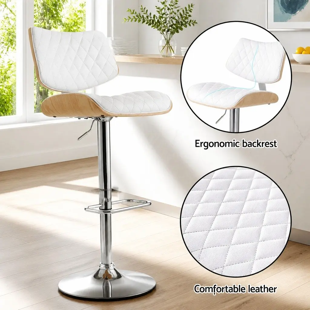 Bar Stools PU Leather Padded Seat Adjustable Height White 2 Piece