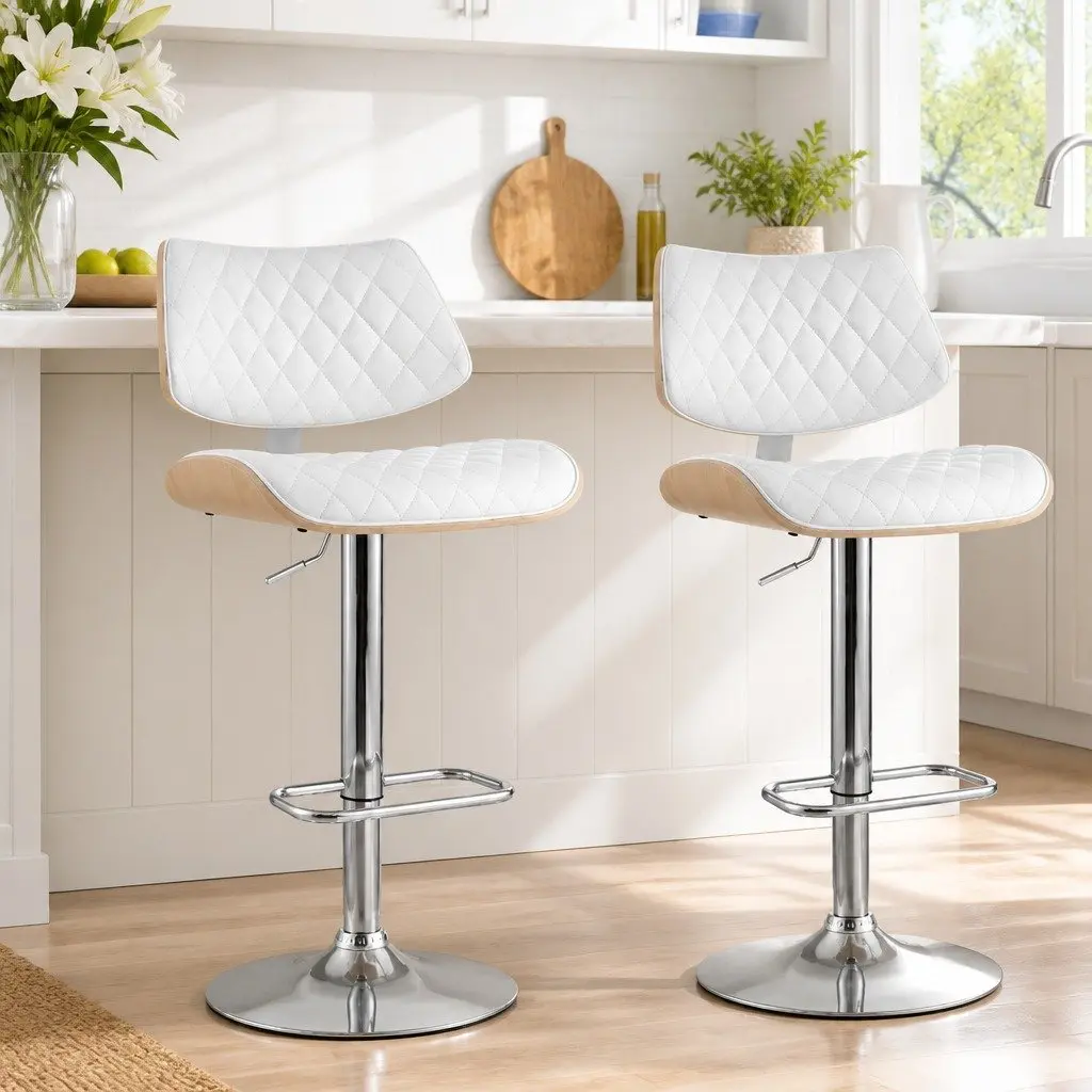 Bar Stools PU Leather Padded Seat Adjustable Height White 2 Piece
