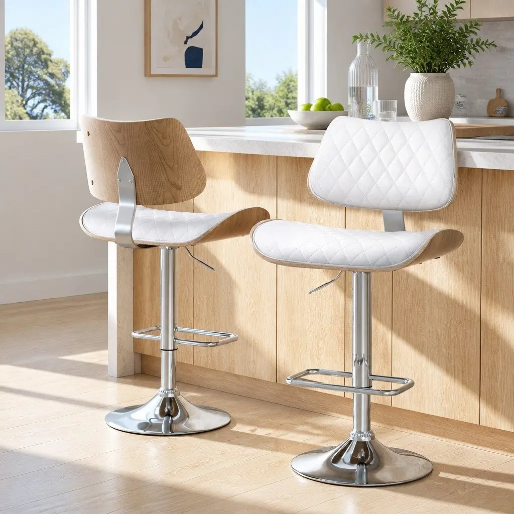 Bar Stools PU Leather Padded Seat Adjustable Height White 2 Piece