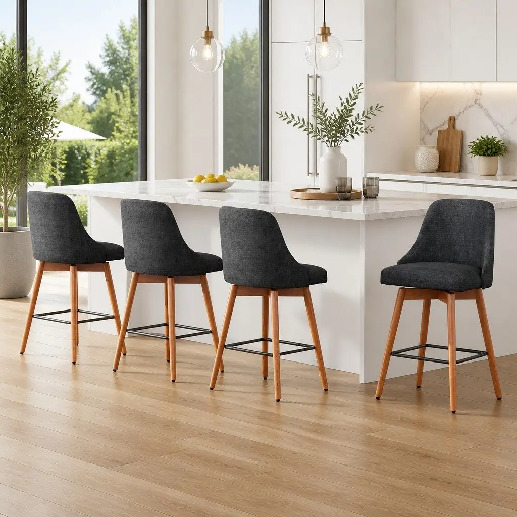 Bar Stools Faux Linen Mid-Height Charcoal Set of 4