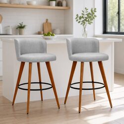 Grey Padded Wooden Bar Stools with Backrest - Set of 2