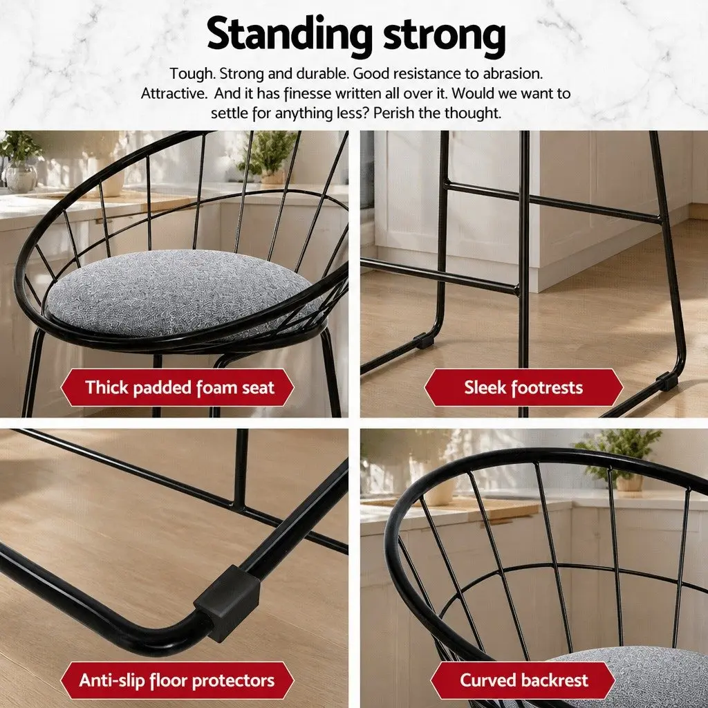 Bar Stools Padded Seat Faux Linen Steel Frame Black Kitchen Counter Height Set of 2