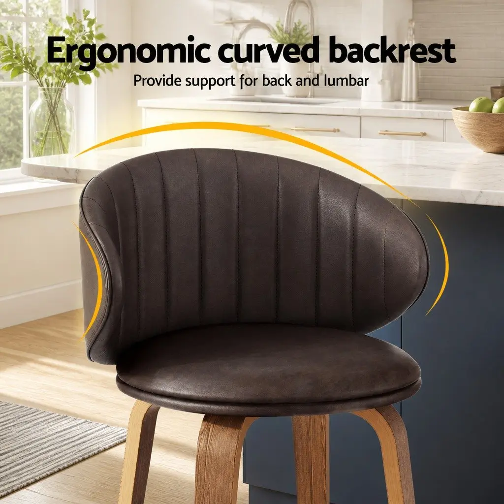 Bar Stools PU Leather Padded Seat Contoured Backrest Brown Wood 4 Piece