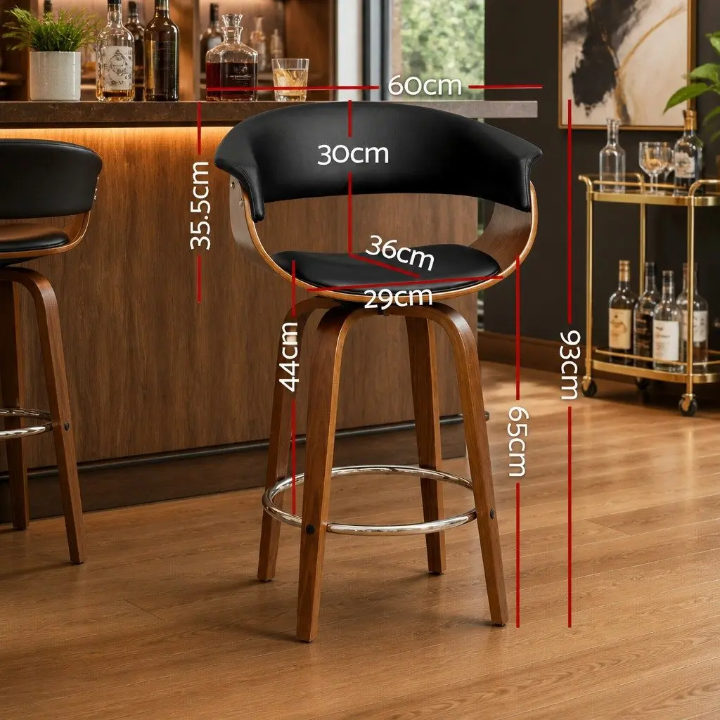 Bar Stools PU Leather Seat Wooden Frame Black Padded Armrest Chrome Footrest
