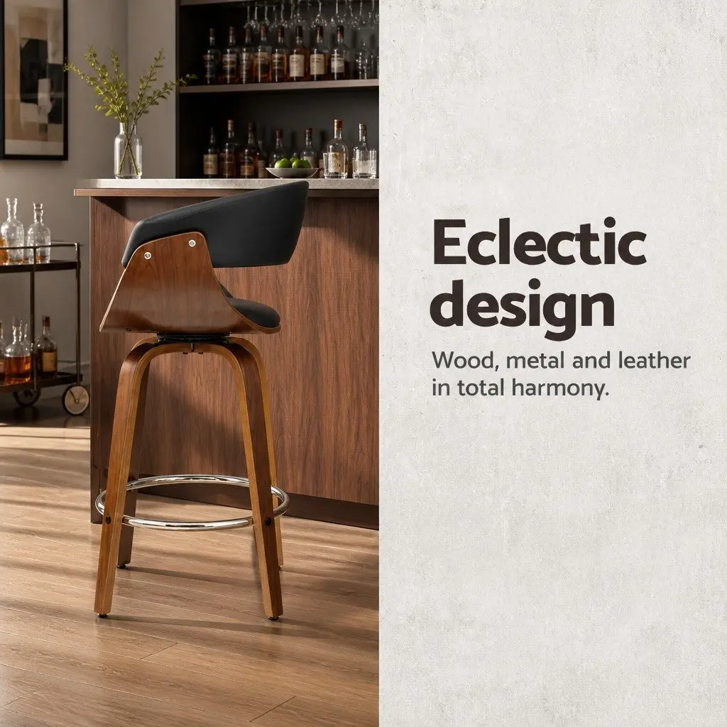 Bar Stools PU Leather Seat Wooden Frame Black Padded Armrest Chrome Footrest