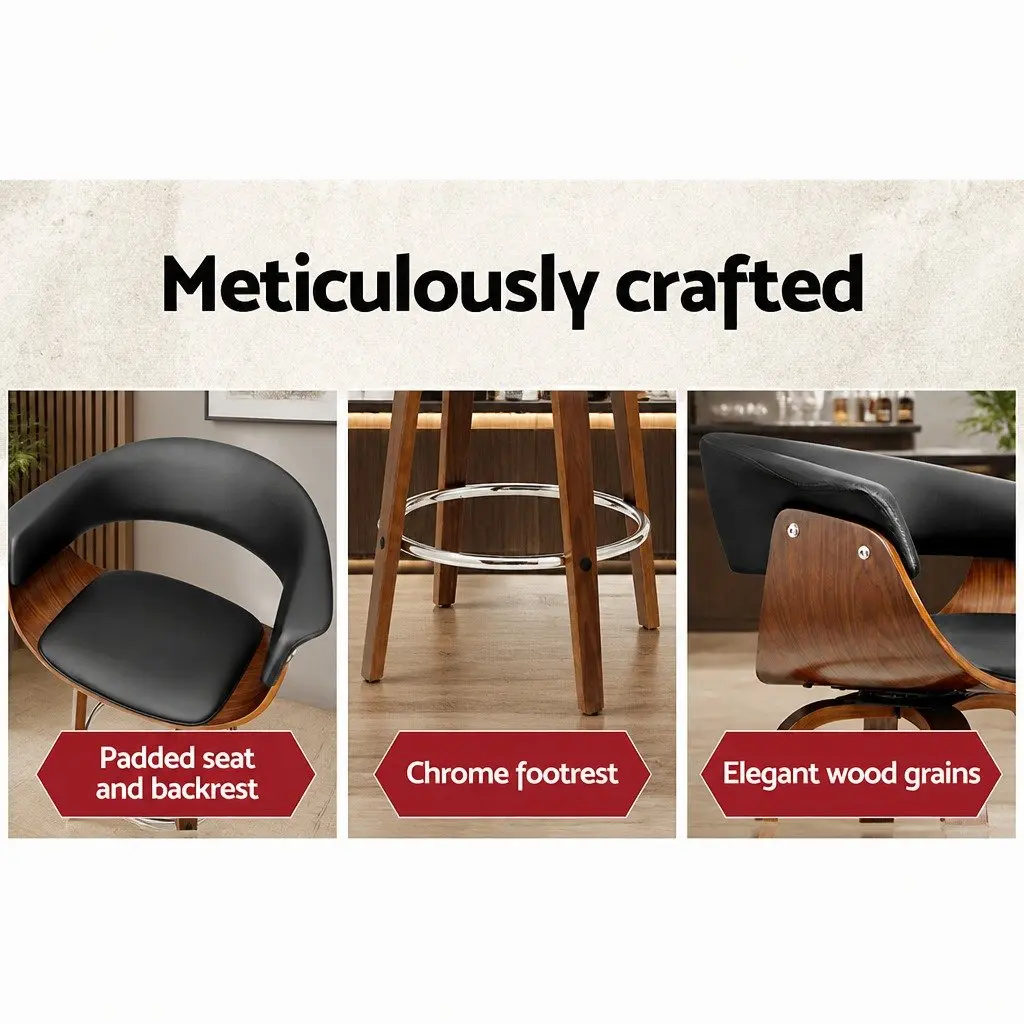 Bar Stools PU Leather Seat Wooden Frame Black Padded Armrest Chrome Footrest