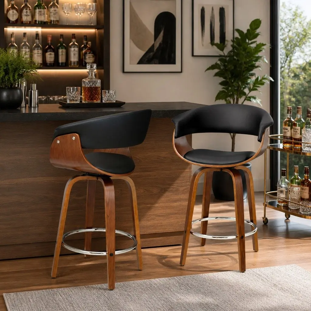 Bar Stools PU Leather Seat Wooden Frame Black Padded Armrest Chrome Footrest