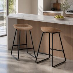 Set of 2 Brown Bar Stools with Footrest and Padded Seats
