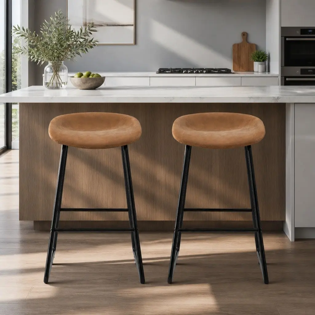 Set of 2 Brown Bar Stools with Footrest and Padded Seats
