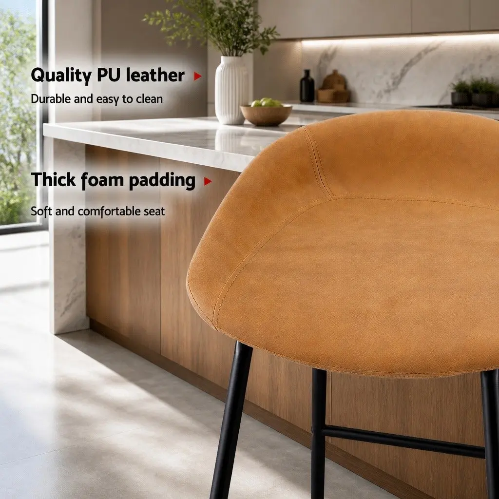 Set of 2 Brown Bar Stools with Footrest and Padded Seats