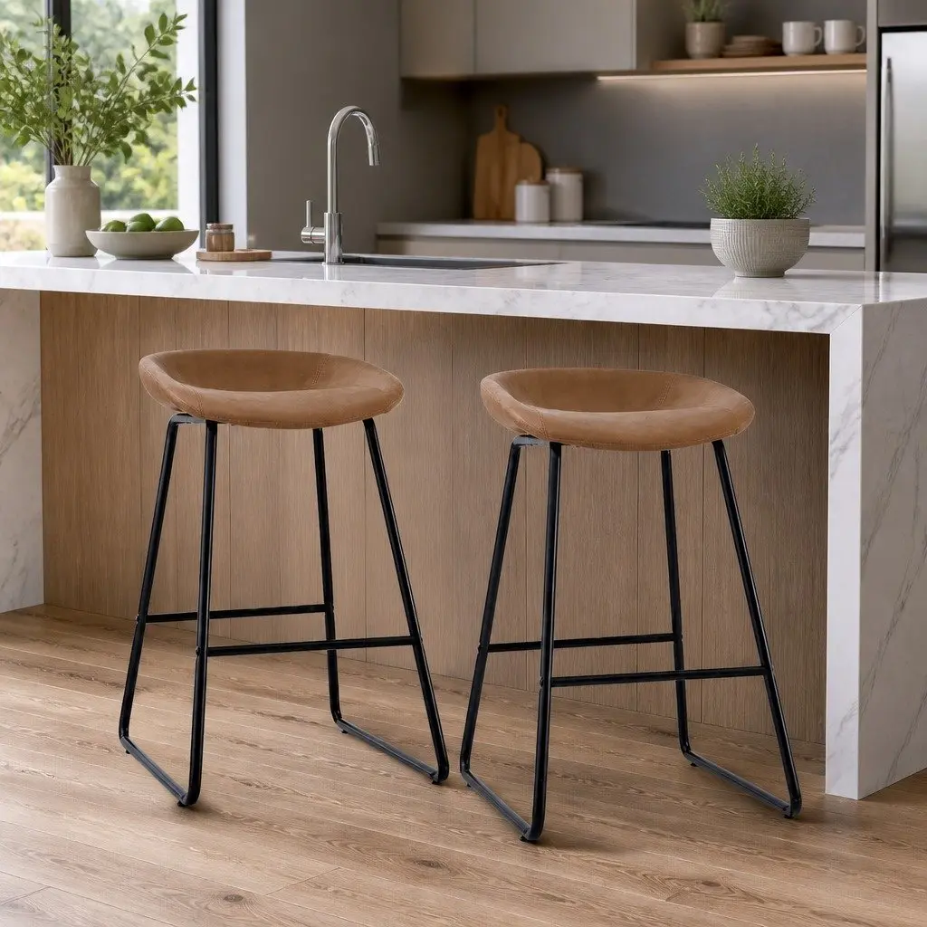 Set of 2 Brown Bar Stools with Footrest and Padded Seats