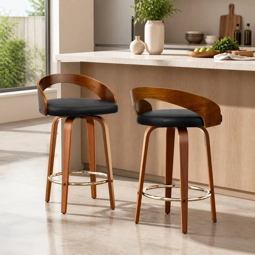 Bar Stools Wooden Walnut Black PU Leather Swivel Seat Curved Backrest 80cm