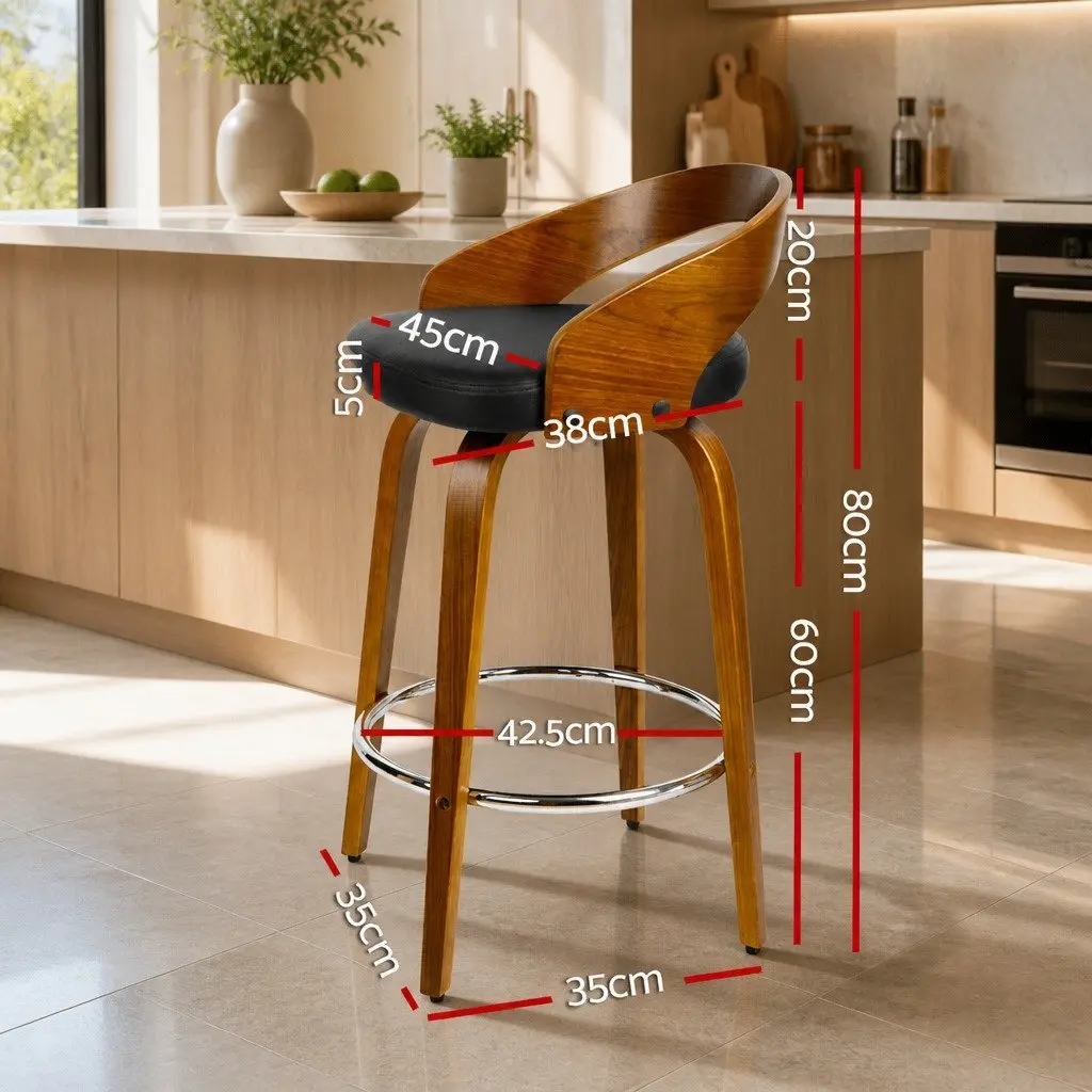 Bar Stools Wooden Walnut Black PU Leather Swivel Seat Curved Backrest 80cm