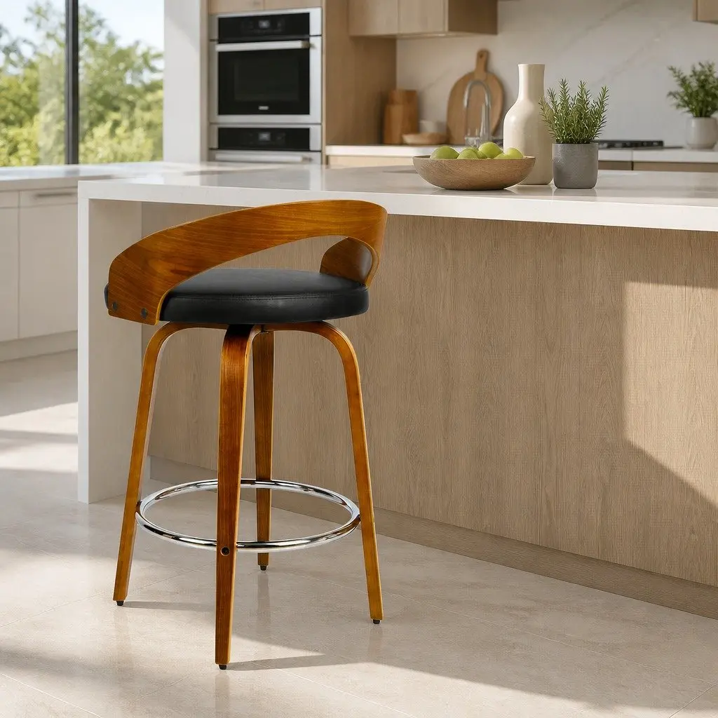 Bar Stools Wooden Walnut Black PU Leather Swivel Seat Curved Backrest 80cm