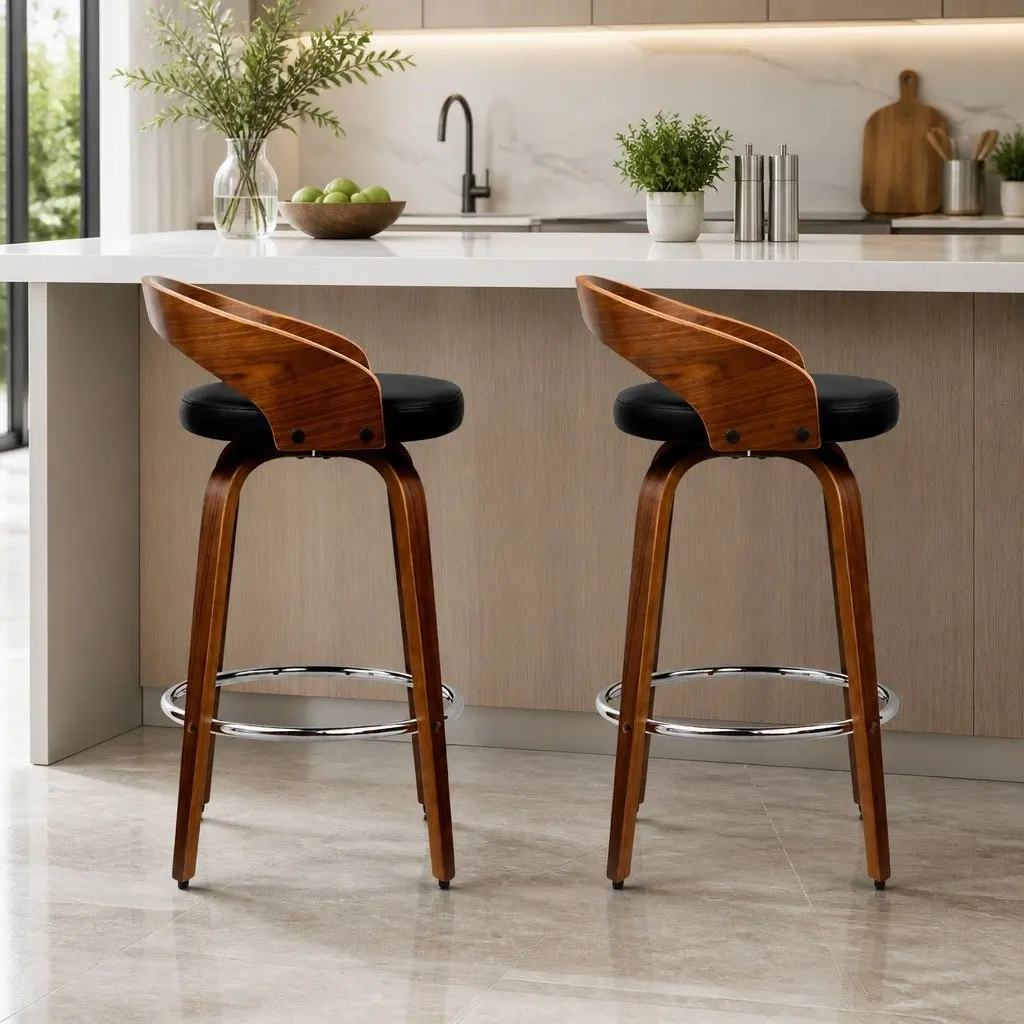Bar Stools Wooden Walnut Black PU Leather Swivel Seat Curved Backrest 80cm