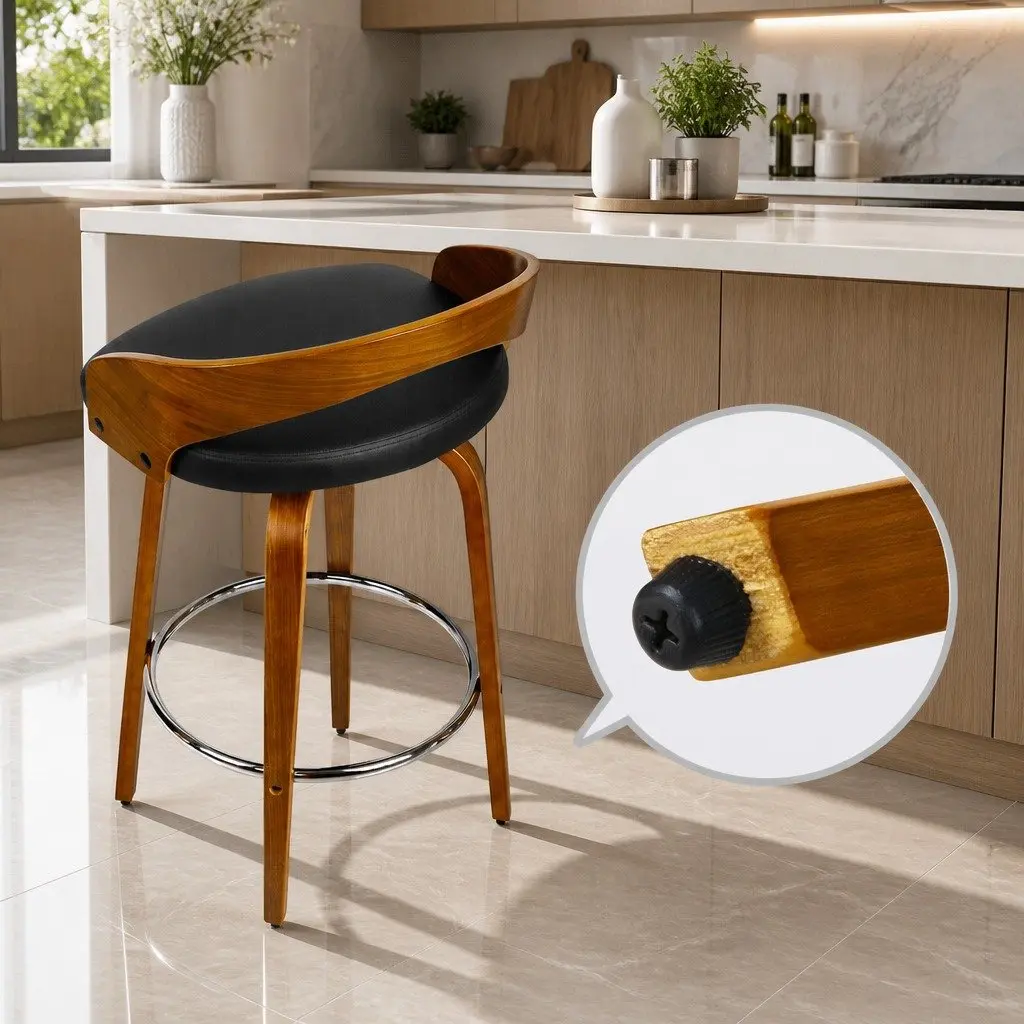 Bar Stools Wooden Walnut Black PU Leather Swivel Seat Curved Backrest 80cm