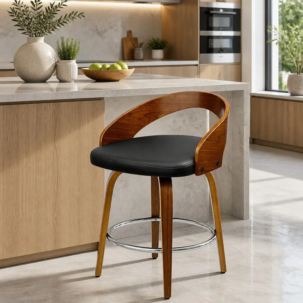 Bar Stools Wooden Walnut Black PU Leather Swivel Seat Curved Backrest 80cm