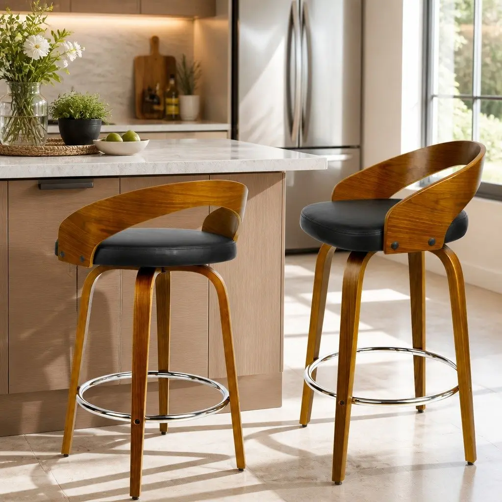 Bar Stools Wooden Walnut Black PU Leather Swivel Seat Curved Backrest 80cm