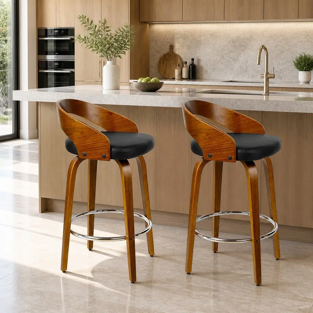 Bar Stools Wooden Walnut Black PU Leather Swivel Seat Curved Backrest 80cm