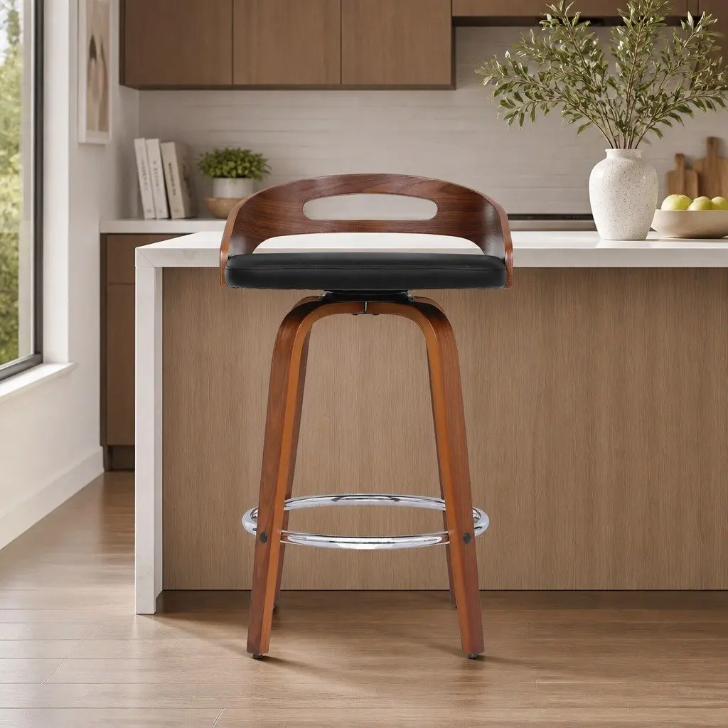 Bar Stools PU Leather 66cm Black Set of 4 Swivel Dining Chairs Low Back Counter Seat