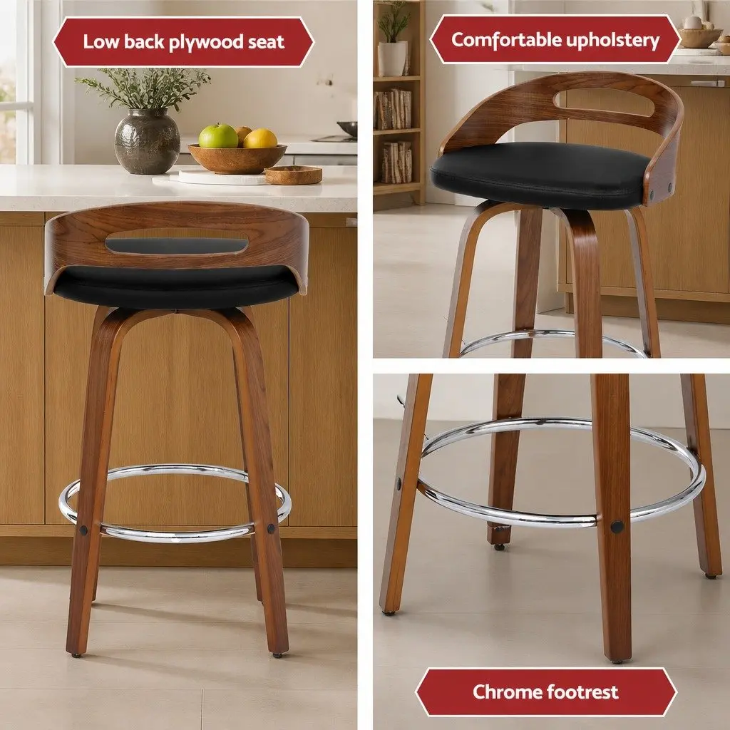Bar Stools PU Leather 66cm Black Set of 4 Swivel Dining Chairs Low Back Counter Seat