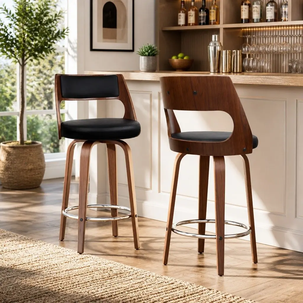 Chrome Footrest Black Seat Bar Stools with Backrest 92cm
