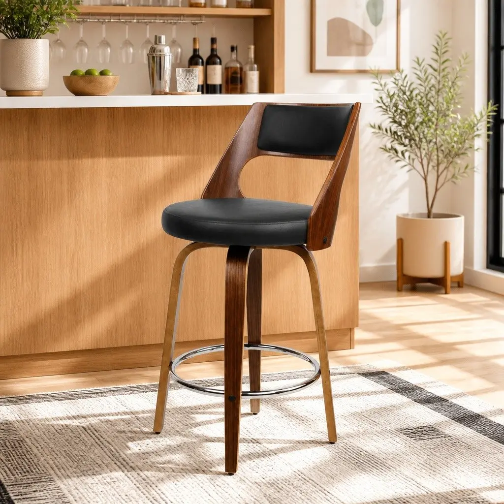 Chrome Footrest Black Seat Bar Stools with Backrest 92cm