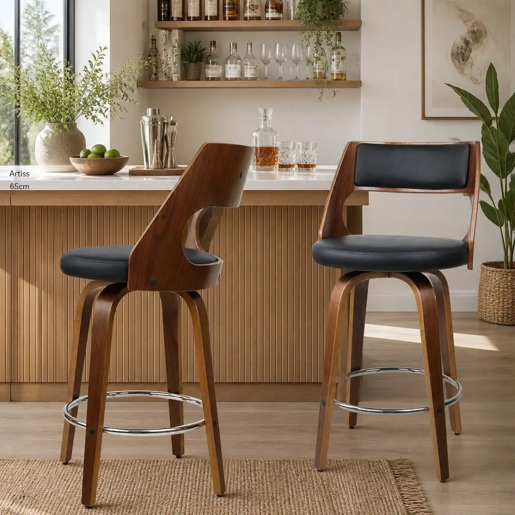 Chrome Footrest Black Seat Bar Stools with Backrest 92cm