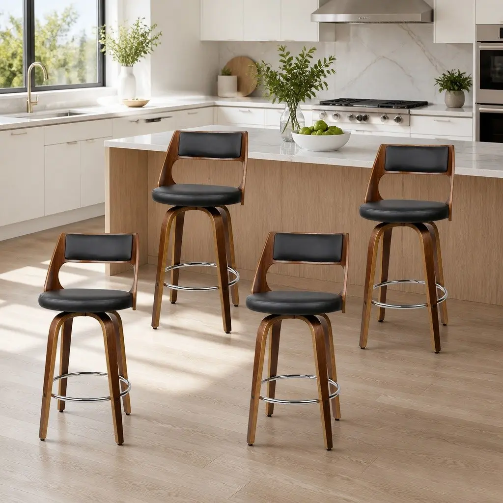 Bar Stools PU Leather 92cm Height Black Padded Seat Wooden Legs Set of 4