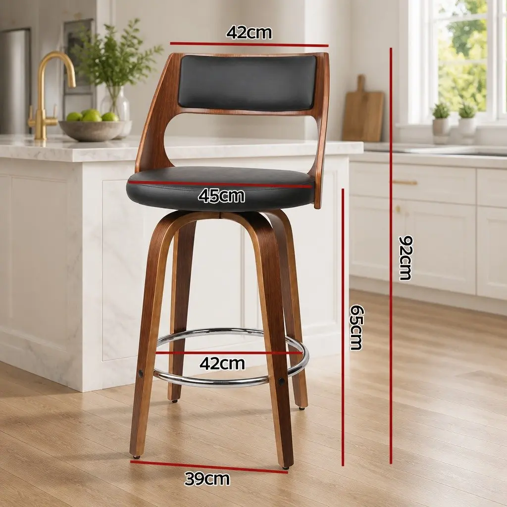 Bar Stools PU Leather 92cm Height Black Padded Seat Wooden Legs Set of 4