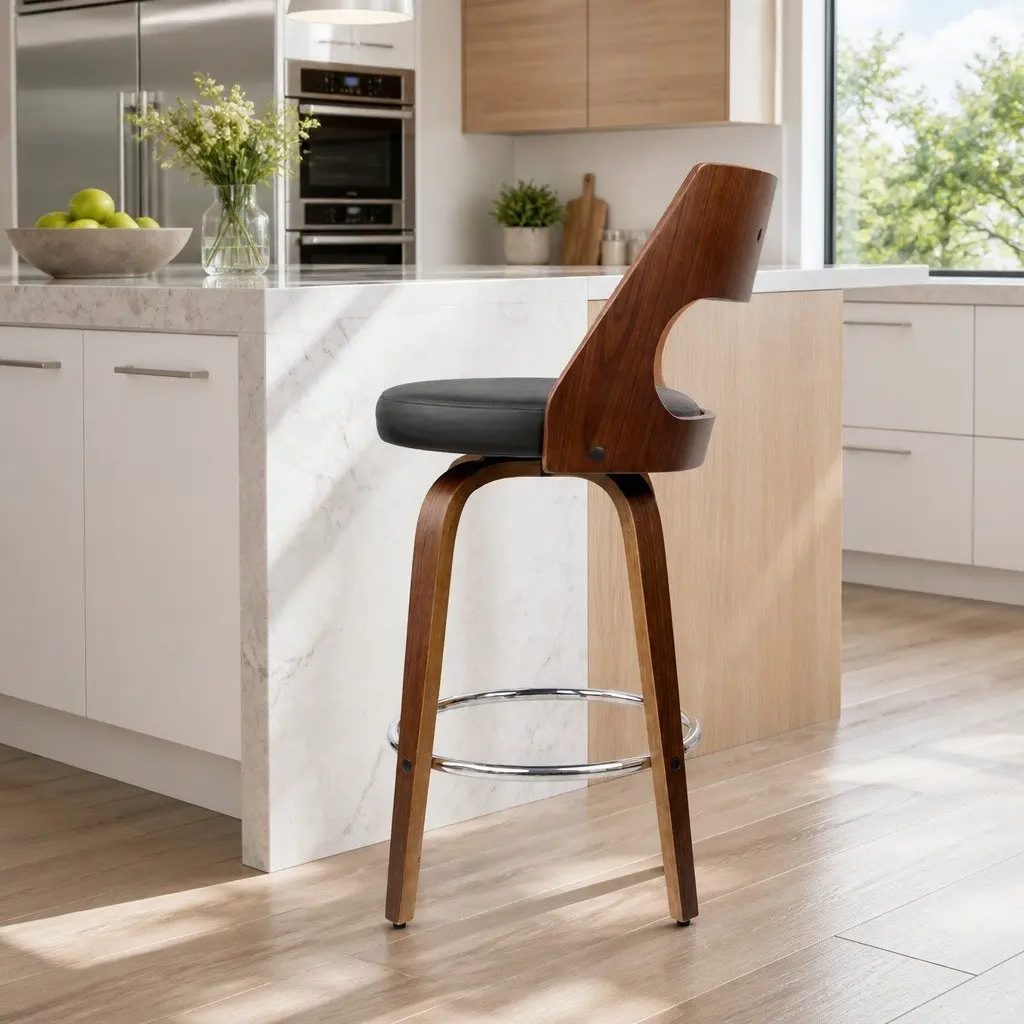 Bar Stools PU Leather 92cm Height Black Padded Seat Wooden Legs Set of 4