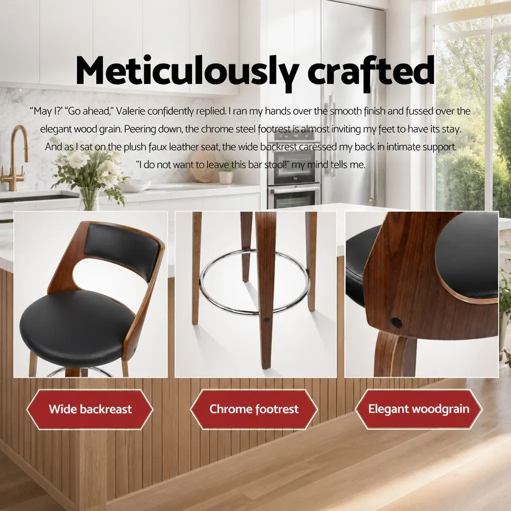Bar Stools PU Leather 92cm Height Black Padded Seat Wooden Legs Set of 4