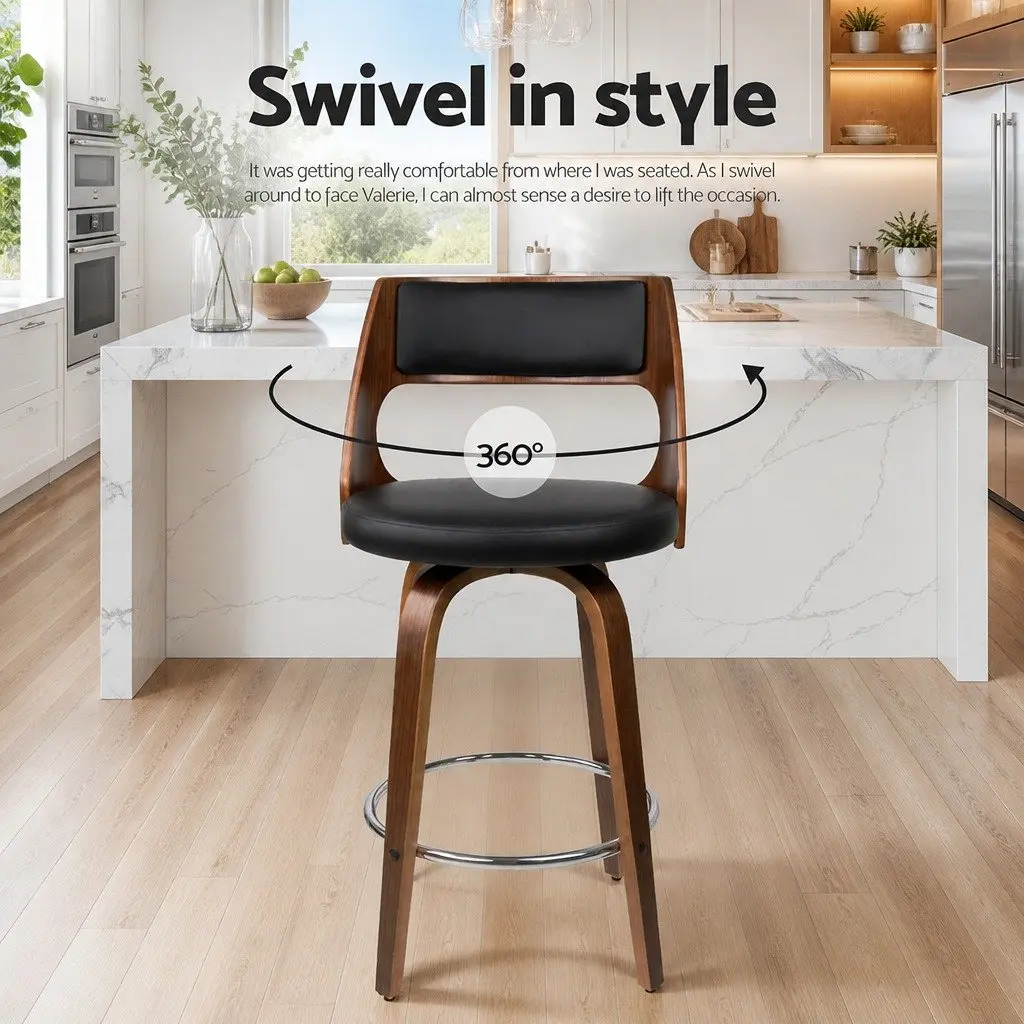 Bar Stools PU Leather 92cm Height Black Padded Seat Wooden Legs Set of 4