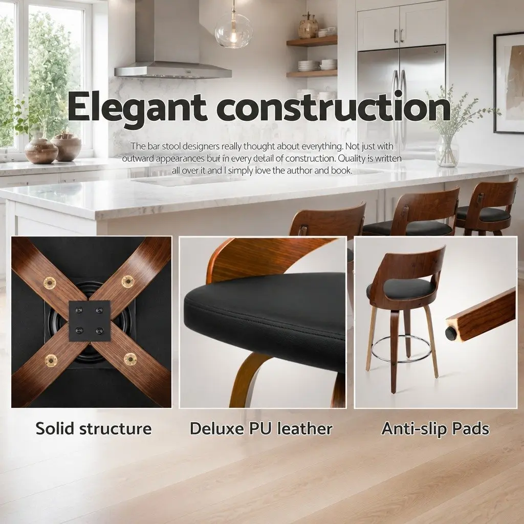 Bar Stools PU Leather 92cm Height Black Padded Seat Wooden Legs Set of 4