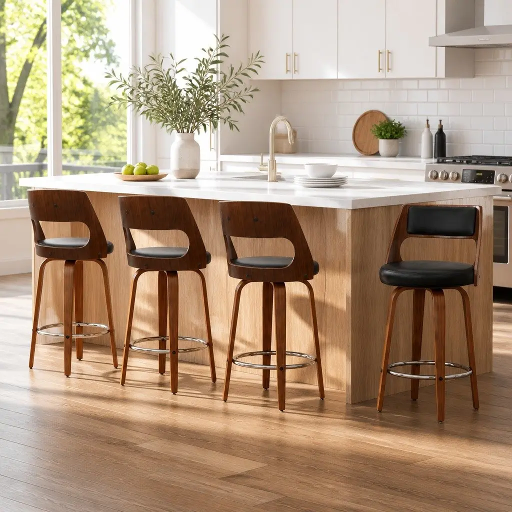 Bar Stools PU Leather 92cm Height Black Padded Seat Wooden Legs Set of 4